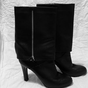 Black Leather mid calf heeled boots